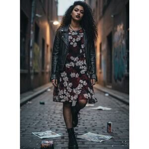 Simply Noelle Sheer Long Sleeve Dress Sz M Black Red Floral Dark Academia Goth